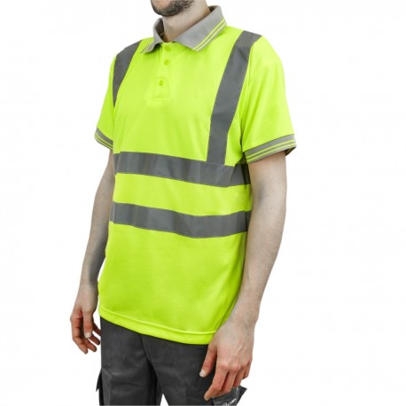 Camiseta tipo polo de manga corta reflectante amarillo para seguridad laboral de talla M