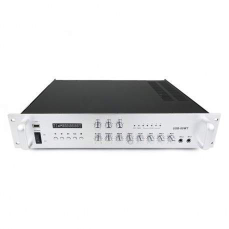 Amplificador para sonorización profesional de 80W 110V 3 zonas con MIC AUX MP3 rack
