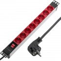 Regleta de enchufes de PVC para armario rack 19” 1U con 8 Schuko rojos e interruptor