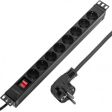 Regleta de enchufes de PVC para armario rack 19” 1U con 8 Schuko negros, interruptor y carcasa negra