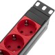Regleta de enchufes de PVC para armario rack 19” 1U con 8 Schuko rojos, interruptor y carcasa negra